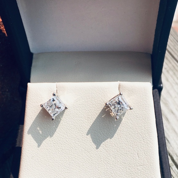 14K White Gold 2.0 CTW Princess Cut Diamond Stud Earrings - Picture 11 of 13